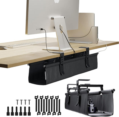 Ascrono Original No Drill Under Desk Cable Management Tray 27.3" - Premium White Fabric Cable Management Under Desk - Clamp/Screw Mount Cord Organizer - Supports Upto 66lbs