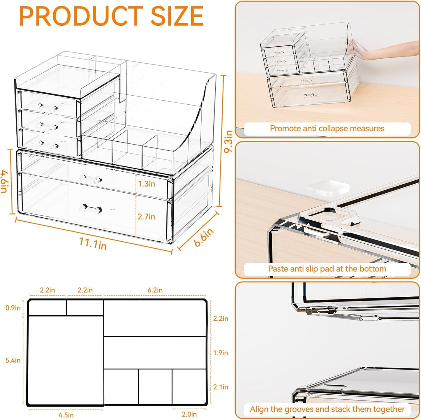 Yieach 3 Pack Clear Makeup Organizer Countertop for Dresser,Vanity and Bathroom Counter Organizer,Tiered Stackable Makeup Acrylic Organizers with 9 Drawer for Skincare,Brush and Make up Holders