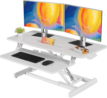 JOY worker Standing Desk Converter, 32" Wide Height Adjustable Sit Stand Up Desk Riser with Keyboard Tray, Desktop Workstation Riser for Home Office Computer Laptop, Particle Board, White