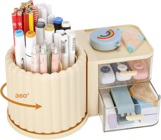 LETURE Rotating Office Desk Organizers and Accessories with 2 Drawer, Pencil Pen Marker Holder for Desk, Desktop Storage Organizers and Accessories for Office Home Art Supplies (White)