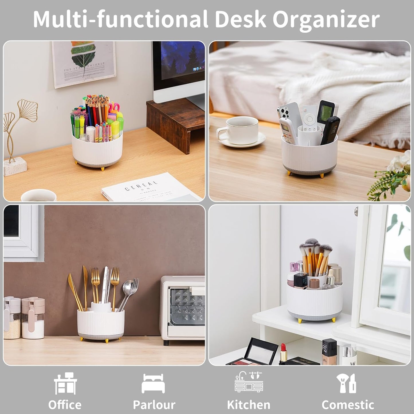 Marbrasse Desk Organizer, 360-Degree Rotating Pen Holder, Desk Organizers and Accessories with 5 Compartments Pencil Holder, Art Supply Storage Box Caddy for Office, Home（White）