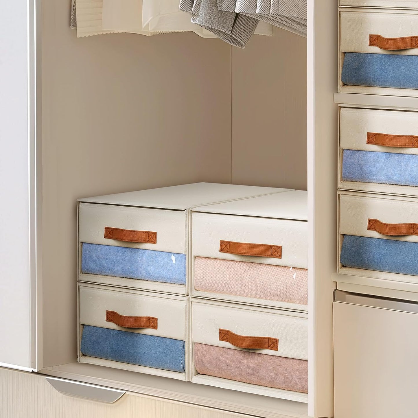 DIMJ Closet Organizers and Storage - Fabric Bins with Drawers for Closet Foldable Clothes Organizers with Clear Window, Stackable Storage Drawers Units for Bedroom, Living Room, 4-Pack, Grey