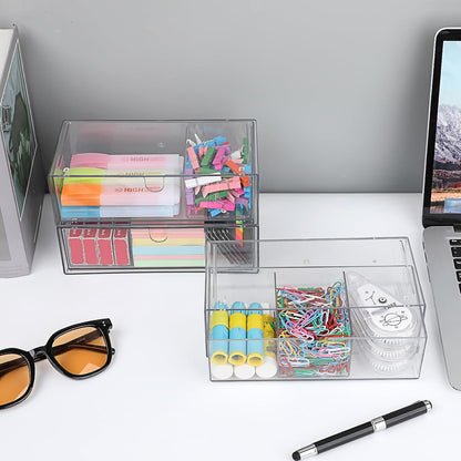 Hipiwe Acrylic Storage Drawers 3-Tier Stackable Bathroom Makeup Organizer Cotton Swabs Qtip Holder for Vanity Cosmetics Clear Desktop Organizer with Removable Dividers, 8.1"Lx 3.9"Wx7.8"H