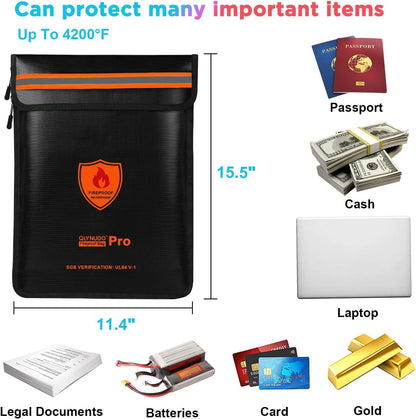Fireproof Document Bag - Waterproof Fireproof Money Bag with Zipper for Cash/Important Documents/Valuables (Seal Protection), 15x11" (A4 Size), Fire Safe Envelope Bag with Reflective Strip