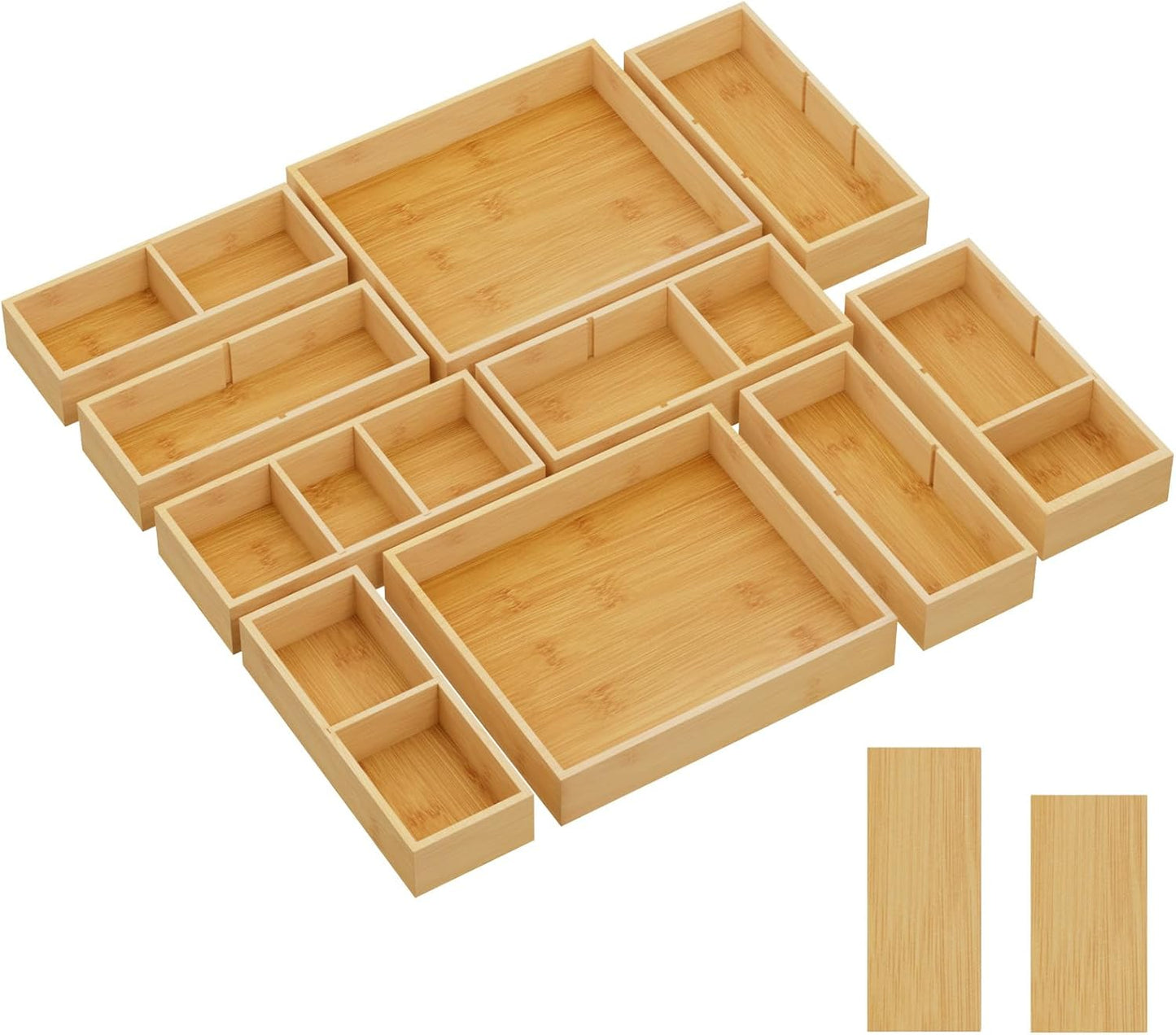 Lifewit Drawer Organizers 5 Pack(11 Grid) with 6 Inserts, Adjustable Bamboo Wooden Drawer Dividers, Stackable Storage Box for Utensils, Silverware, Makeup, Junk in Kitchen/Bathroom/Office/Vanity