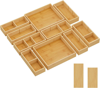 Lifewit Drawer Organizers 5 Pack(11 Grid) with 6 Inserts, Adjustable Bamboo Wooden Drawer Dividers, Stackable Storage Box for Utensils, Silverware, Makeup, Junk in Kitchen/Bathroom/Office/Vanity