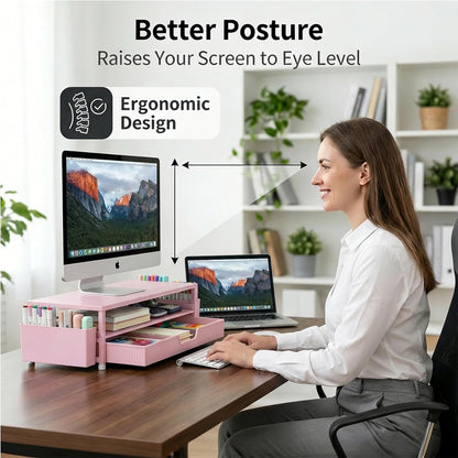 ECOLOVI Desk Organizer and Accessories, 2-Tier Computer Monitor Stand Rise with Storage Drawer & 2 Pen Holders, Laptop & Printer Stand for Desktop, Workspace Organizers for Office Supplies (Blue)