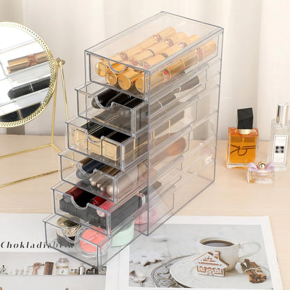 Hipiwe Plastic Drawer Organizer Clear Desktop Drawers Box with 6 Pull Out Drawer Compact Storage Box for Cabinet Vanity Bathroom Bedroom Pantry Shelf Office Closet Organization