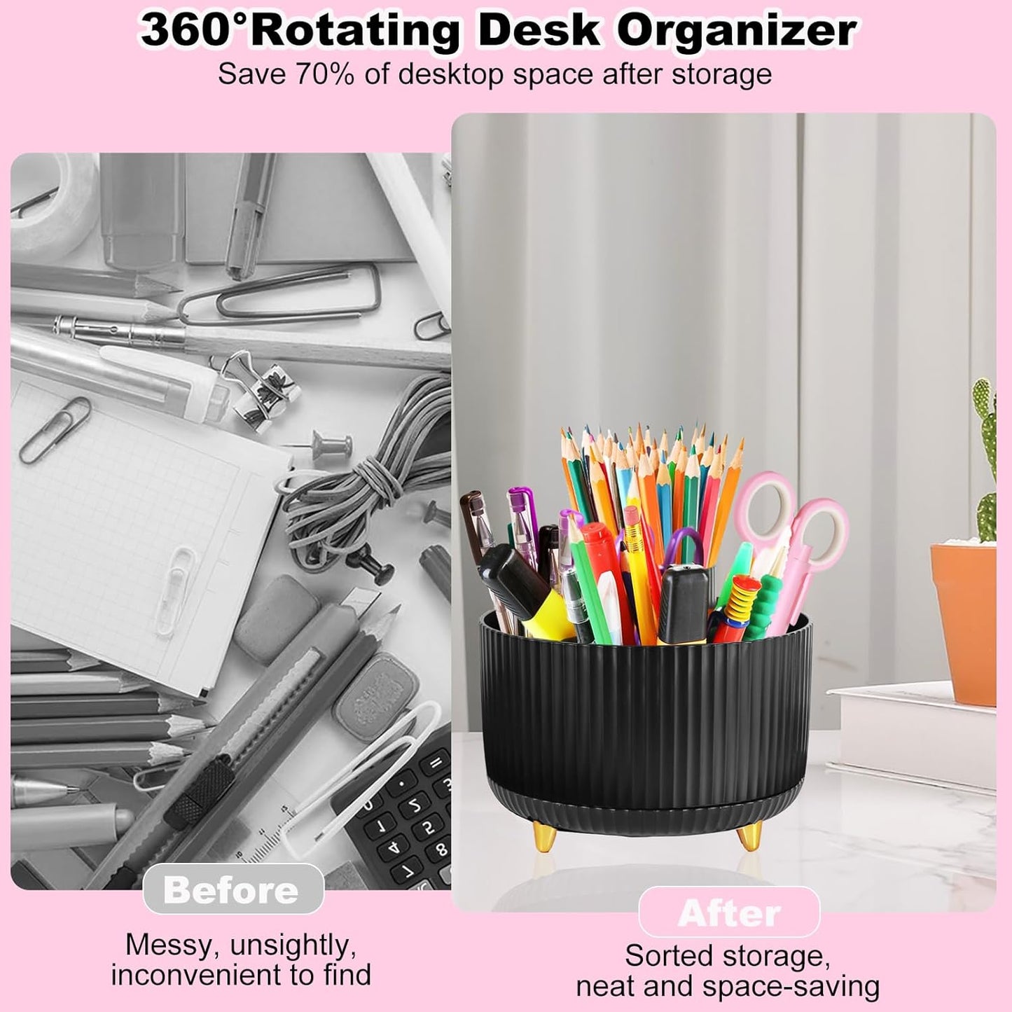 Gawsey Gold Desk Organizers and Accessories Set with 360-Degree Rotating Pen Holder, Acrylic Stapler, Tape Holder, Staple Remover, Binder/Paper Clips Kit, Scissor and 1 Box of Staples