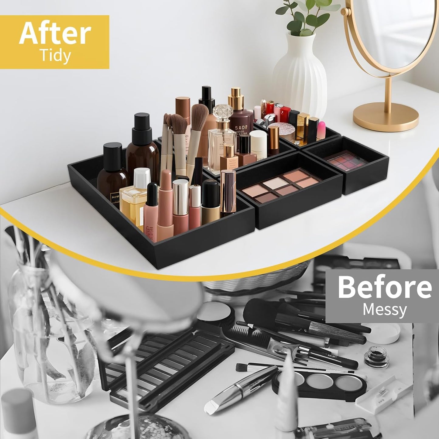 Bamboo Drawer Organizer with 2 Dividers, 5PCS Adjustable Junk Desk Organizer Trays with 7 Grid , Wood Stackable Storage Boxes Bins for Kitchen Flatware, Office Desktop, Bathroom Makeup, Jewelry