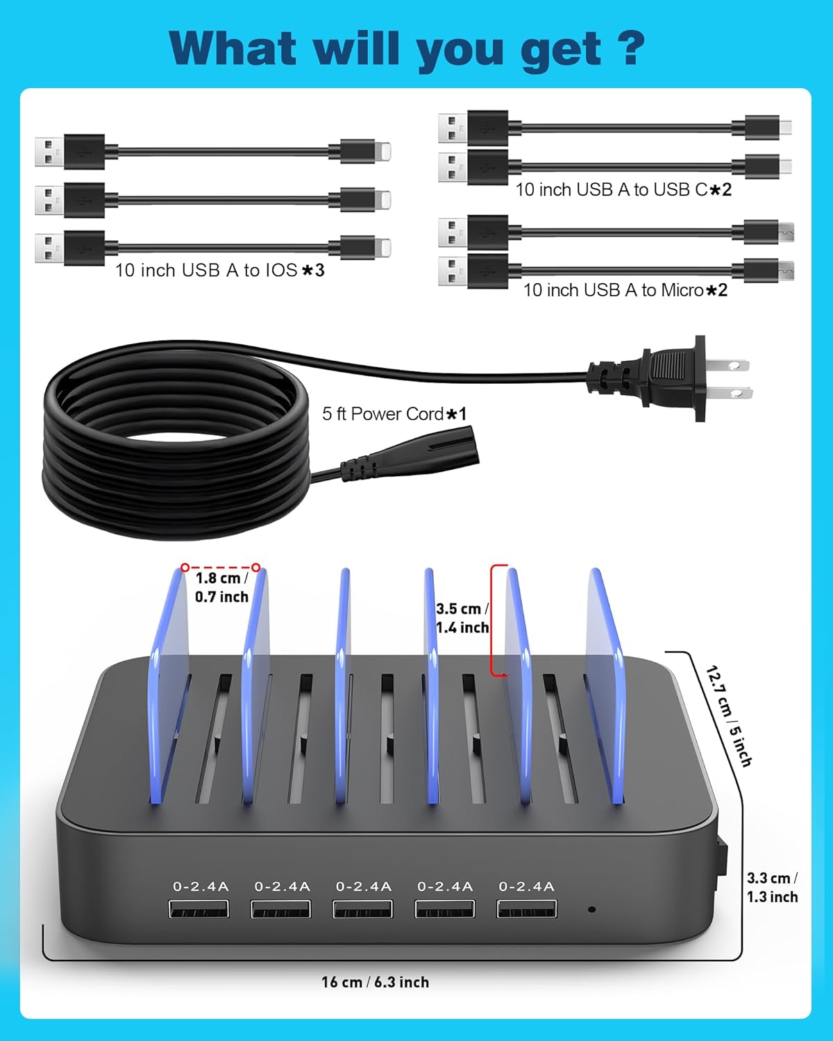 MSTJRY Charging Station for Multiple Devices : 5 Port Multi USB-A Charger Stations Multi-Device Organizer Charging Dock Designed for iPhone iPad Cell Phone Tablets (7 Short Cables Included)