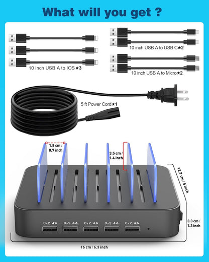 MSTJRY Charging Station for Multiple Devices : 5 Port Multi USB-A Charger Stations Multi-Device Organizer Charging Dock Designed for iPhone iPad Cell Phone Tablets (7 Short Cables Included)