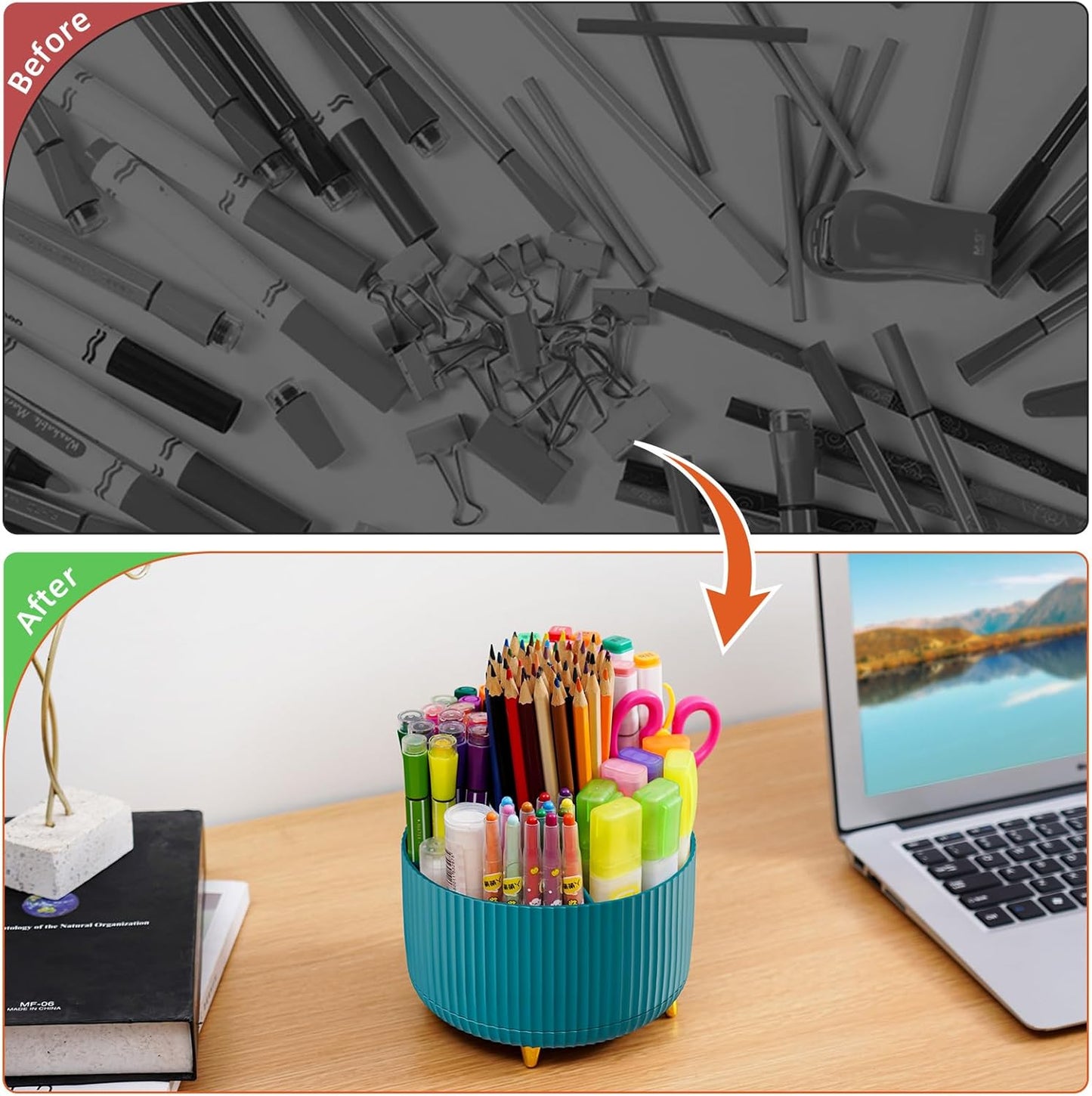 Marbrasse Desk Organizer, 360-Degree Rotating Pen Holder, Desk Organizers and Accessories with 5 Compartments Pencil Holder, Art Supply Storage Box Caddy for Office, Home（White）
