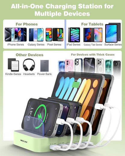 MSTJRY Charging Station for Multiple Devices : 5 Port Multi USB-A Charger Stations Multi-Device Organizer Charging Dock Designed for iPhone iPad Cell Phone Tablets (7 Short Cables Included)