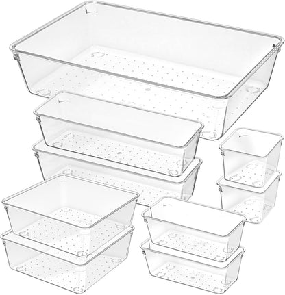 16 Pack Plastic Drawer Organizers Set, 5-Size Kitchen and Office Desk Drawer Organizer Trays, Acrylic Non Slip Storage Bin Divider for Makeup,Jewelry,Gadgets Utensils,Bedroom,Bathroom Vanity,Clear