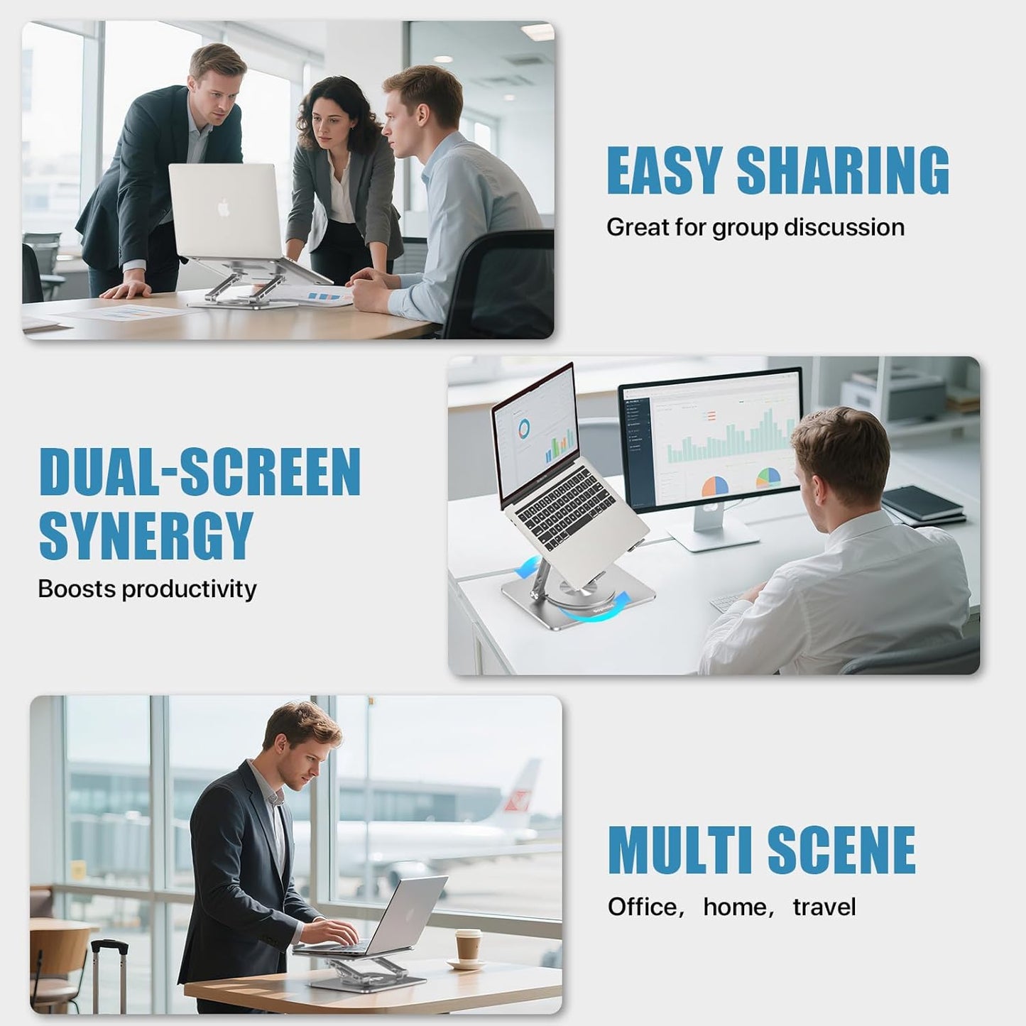 Laptop Stand for Desk, Adjustable Height & Angle Portable Aluminum Laptop Riser & Monitor Stand with 360° Swivel, Foldable Ergonomic Computer Stand for 10-17 Inch Laptops (MacBook/Dell/HP), Silver.