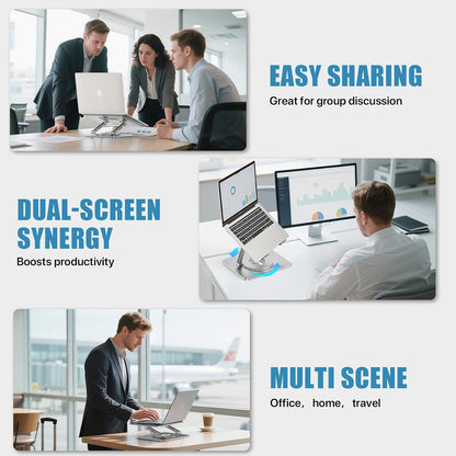 Laptop Stand for Desk, Adjustable Height & Angle Portable Aluminum Laptop Riser & Monitor Stand with 360° Swivel, Foldable Ergonomic Computer Stand for 10-17 Inch Laptops (MacBook/Dell/HP), Silver.