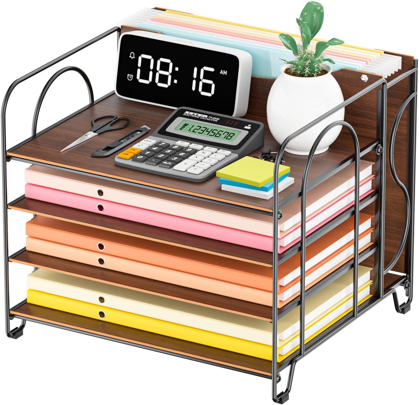 LUCYCAZ 4 Tier Paper Organizer for Desk - Wood Desk Organizer, Metal Paper Tray Organizer, File Organizer for Office Home School, Black