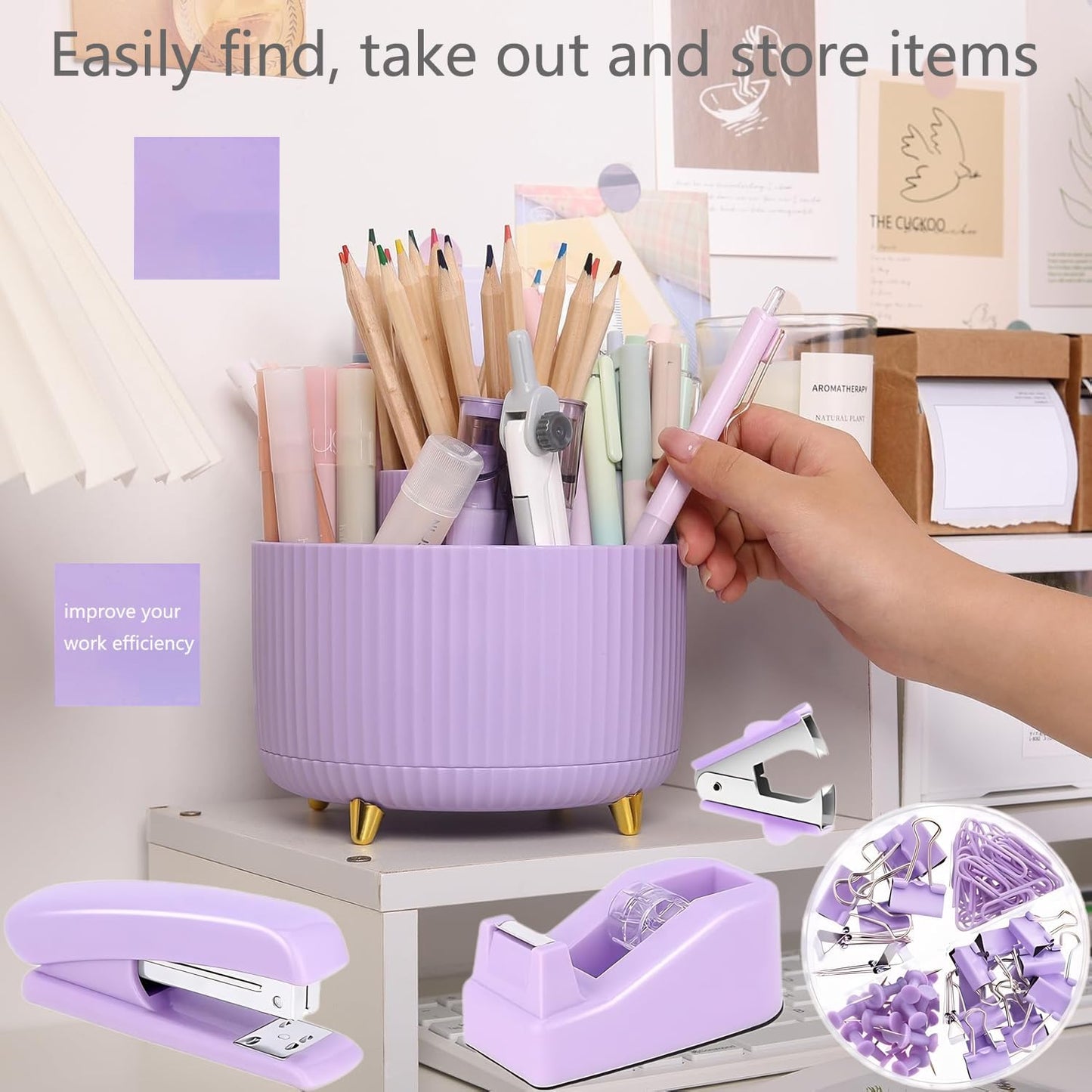 suniya Office Supplies,Gold Desk Accessories,with Stapler,Tape Dispenser,Pen Holder,Scissors,Phone Stand,Staple Remover,Ballpoint Pen,Clear Tape, Staples,Ruler,Clips,Best Gift for Business or Boss
