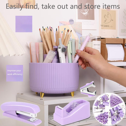suniya Office Supplies,Gold Desk Accessories,with Stapler,Tape Dispenser,Pen Holder,Scissors,Phone Stand,Staple Remover,Ballpoint Pen,Clear Tape, Staples,Ruler,Clips,Best Gift for Business or Boss