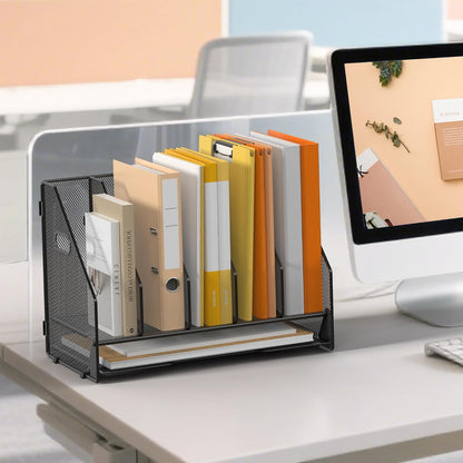 Desk File Folder Holder Organizer-5 Vertical Compartments Racks and Paper Letter Tray,Mesh Magazine File Holder Sorter,Desktop Accessories & Workspace Organizers for Home,Office,School-Black
