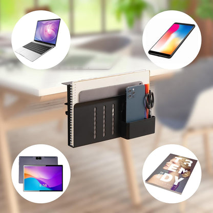 Desk Side Storage, Under Desk Laptop Mount, Table Side Hanging File Organizer, No Drill Clamp On Cable Management Tray, Laptop Holder with Magnetic Pen Holder for Office and Home