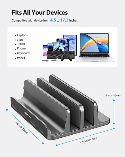 AboveTEK Vertical Laptop Stand, 3 Slots Aluminum Desk Laptop Holder & Laptop Docking Station Stand for MacBook, Tablet, Phone - Universal Fit (Up to 17.3") - Heavy Duty Polished, Anti Slide - Silver
