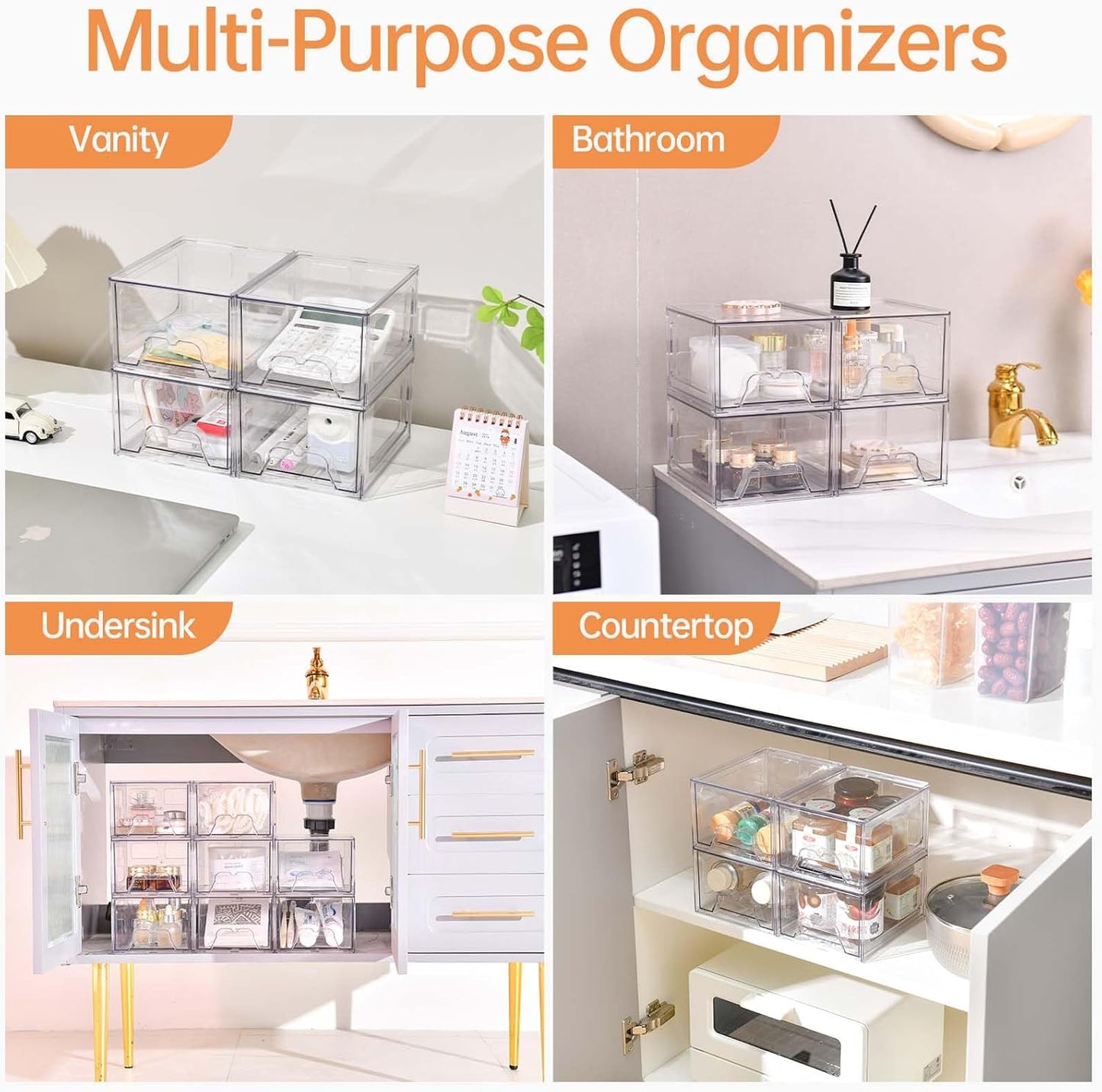 Stebopum 6 Pack Stackable Makeup Organizer, 4.4'' Tall Acrylic Bathroom Makeup Organizer and Storage Drawer with Pull-out Handle, Clear Plastic Storage Bins for Vanity,Pantry,Desk,Undersink,Kitchen