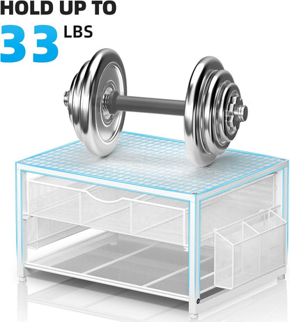 Marbrasse Metal Printer Stand for Desk with Storage Drawer and 2 Pen Holders, 2-Tier Desktop Organizer Printer Table for Home Office, Multi-Purpose Desk Organizer for Fax Machine Scanner Files(Black)