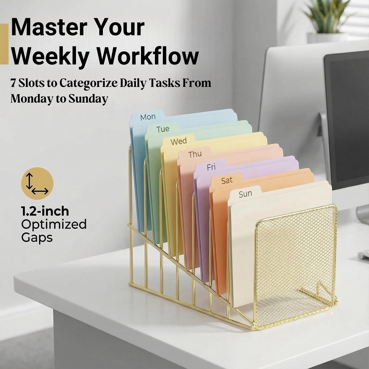 Simmer Stone Rose Gold Desk Organizer 7 Slot Inclined Vertical File Folder Holder Sorter with Mesh Front – Metal Wire Rack for Mail, Slim Binders, Books Office Organization & Desktop Accessories