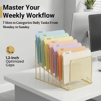 Simmer Stone Rose Gold Desk Organizer 7 Slot Inclined Vertical File Folder Holder Sorter with Mesh Front – Metal Wire Rack for Mail, Slim Binders, Books Office Organization & Desktop Accessories