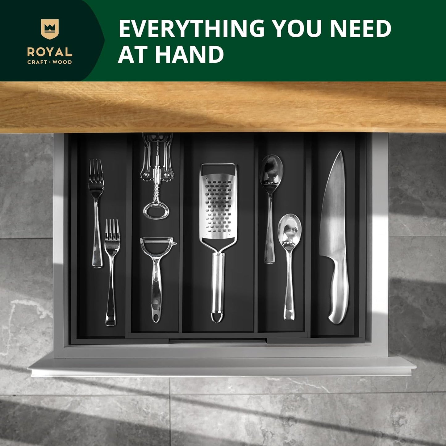ROYAL CRAFT WOOD Luxury Bamboo Kitchen Drawer Organizer - Silverware Organizer, Utensil Holder & Cutlery Tray Drawer Dividers for Flatware (9 Slot, Natural)