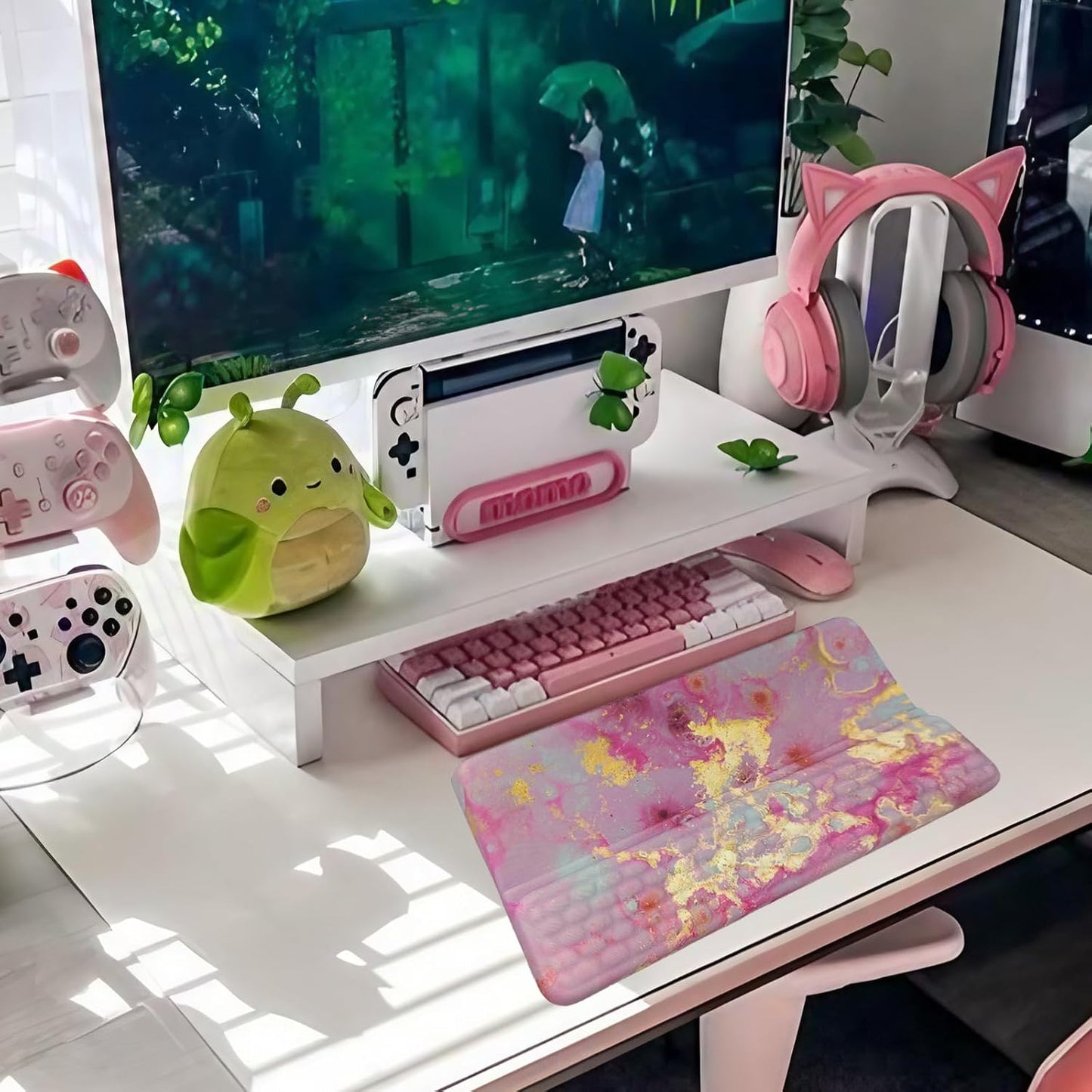 Computer Keyboard Stand Pad with Wrist Rest Purple Blue Cloud Keyboard Pad Support with Comfortable Galaxy Stars Wrist Pad Cute Girl Ergonomic Tilted Keyboard Riser Holder for Desktop Office Home