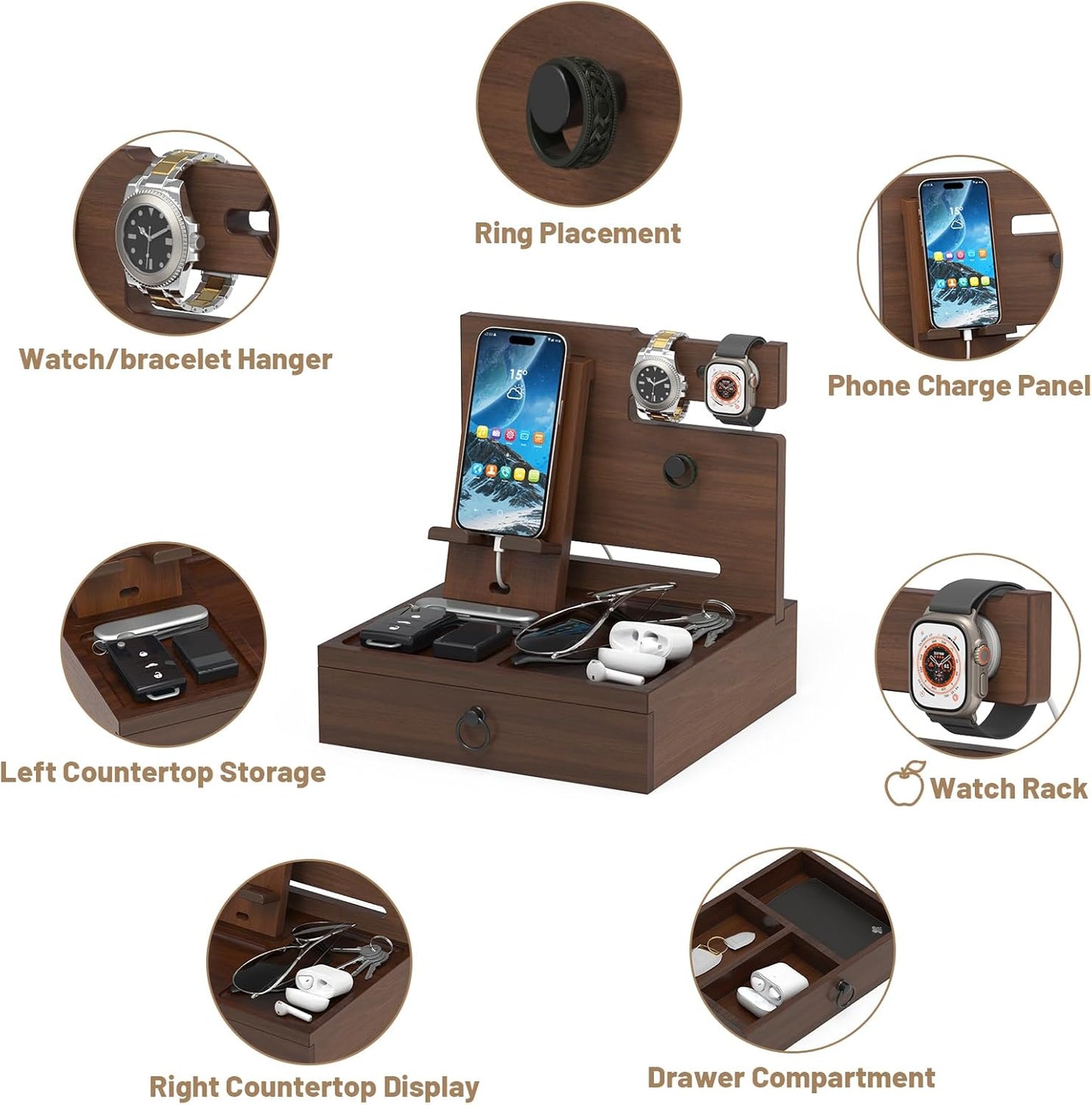 Wood Phone Docking Station with USB Ports and Outlets, Nightstand Organizer with Charging Station, Bedside Organizer with Drawer for Watch & Accessories, Christmas Anniversary Birthday Gifts for Men