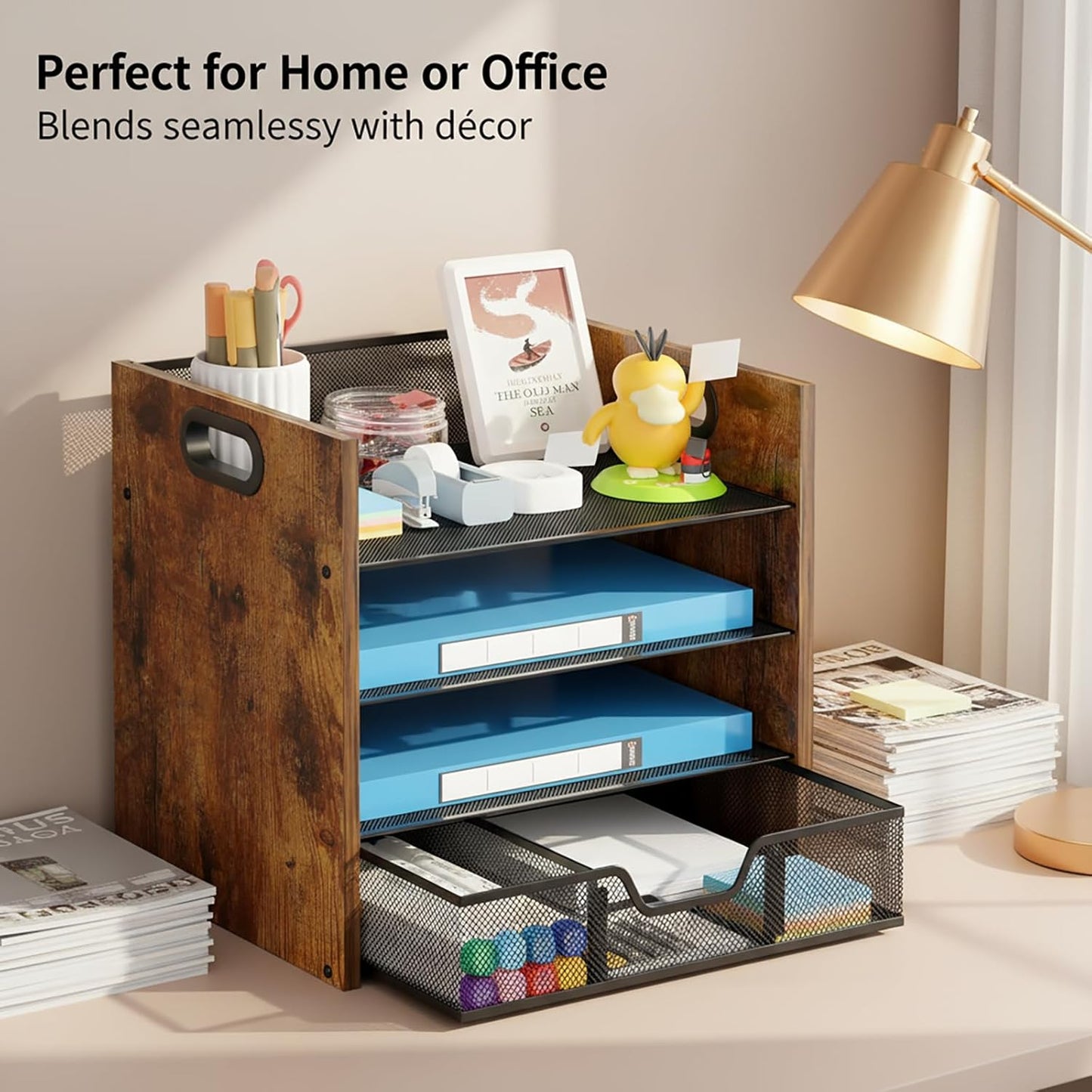 Wood Desk Organizer - 3-Tier Desktop File Organizer with Drawer, Wooden Paper Tray, Office Desk Organzier and Accessories for Papers, Mail, Notebooks, Stationery