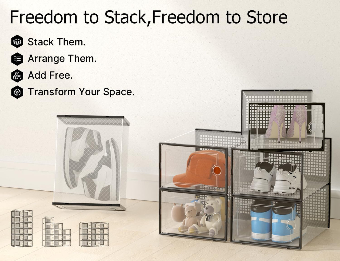 Kuject X-Large Shoe Storage Boxes Organizers Clear Plastic Stackable 12 Pack, Shoe Rack & Holder Substitute, Sneaker Containers, Toy Storage Organizer Bins for Entryway, Closet, Under Bed, Black