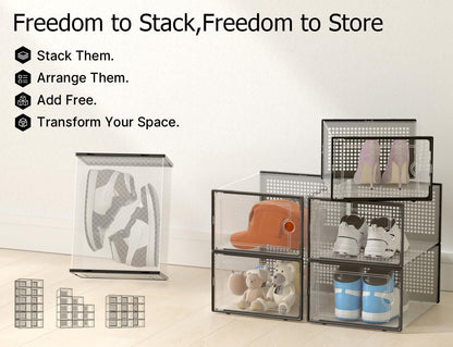 Kuject X-Large Shoe Storage Boxes Organizers Clear Plastic Stackable 12 Pack, Shoe Rack & Holder Substitute, Sneaker Containers, Toy Storage Organizer Bins for Entryway, Closet, Under Bed, Black