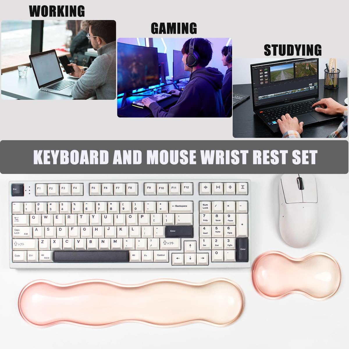 Ergonomic Gel Keyboard and Mouse Wrist Rest Set – Clear Wrist Rest for Computer Keyboard 60%/68%/75%, Comfort & Support for Typing and Gaming (Grey Purple)