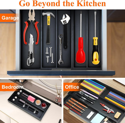 Large Bamboo Silverware Drawer Organizer Tray Kitchen Tool Drawer Divider Organizers Storage Expandable Cooking Utensil Organizer Wooden Cutlery Tray Spoon Flatware Organizers Utensil Holder Drawers