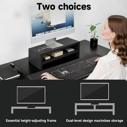Wooden Monitor Stand Riser, 2-Tier Desk Shelf with Storage Organizer, Ergonomic Computer Stand, Storage Organizer for Laptop, Computer, Black, 15.7 Inch