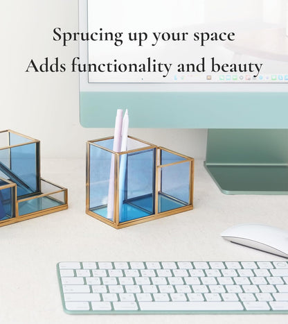 FONDAZZA Gold & Blue Glass Desk Organizer - Elegant Office Decor, Aesthetic Makeup Brush Holder, 2-Compartment Pen Holder, Pencil Cup, Vanity & Cosmetic Storage, Desk Accessories for Women