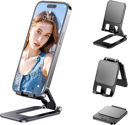 Foldable Phone Stand, Compact Aluminum Mini Cell Phone Holder for Desk,Desktop Portable & Adjustable Folding Metal Tablet Stand for iPad mini,Tablet and Cellphone
