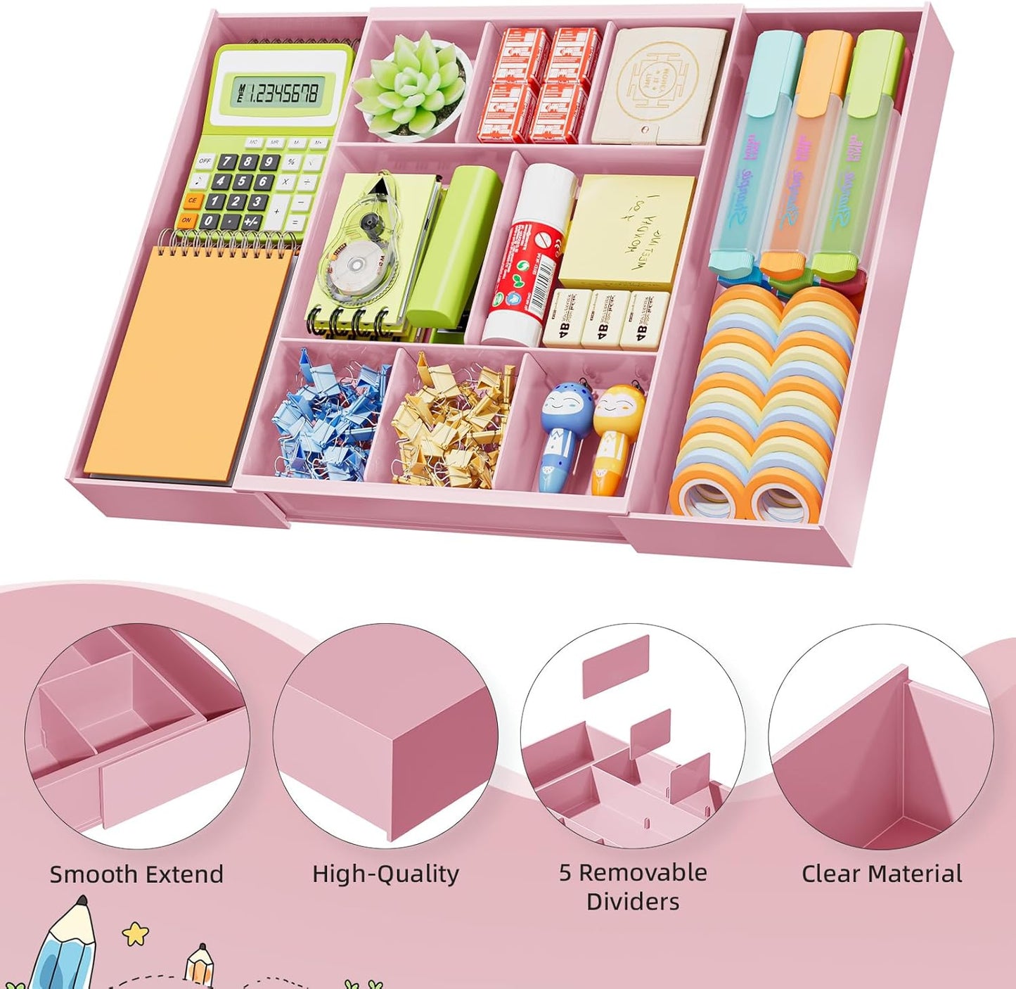 Marbrasse Expandable Desk Drawer Organizer, Clear Plastic Drawer Organizer Tray with 10 Adjustable Compartments, Desk Organizers and Accessories, 5 Drawer Dividers for Office Supplies, Makeup(Black)