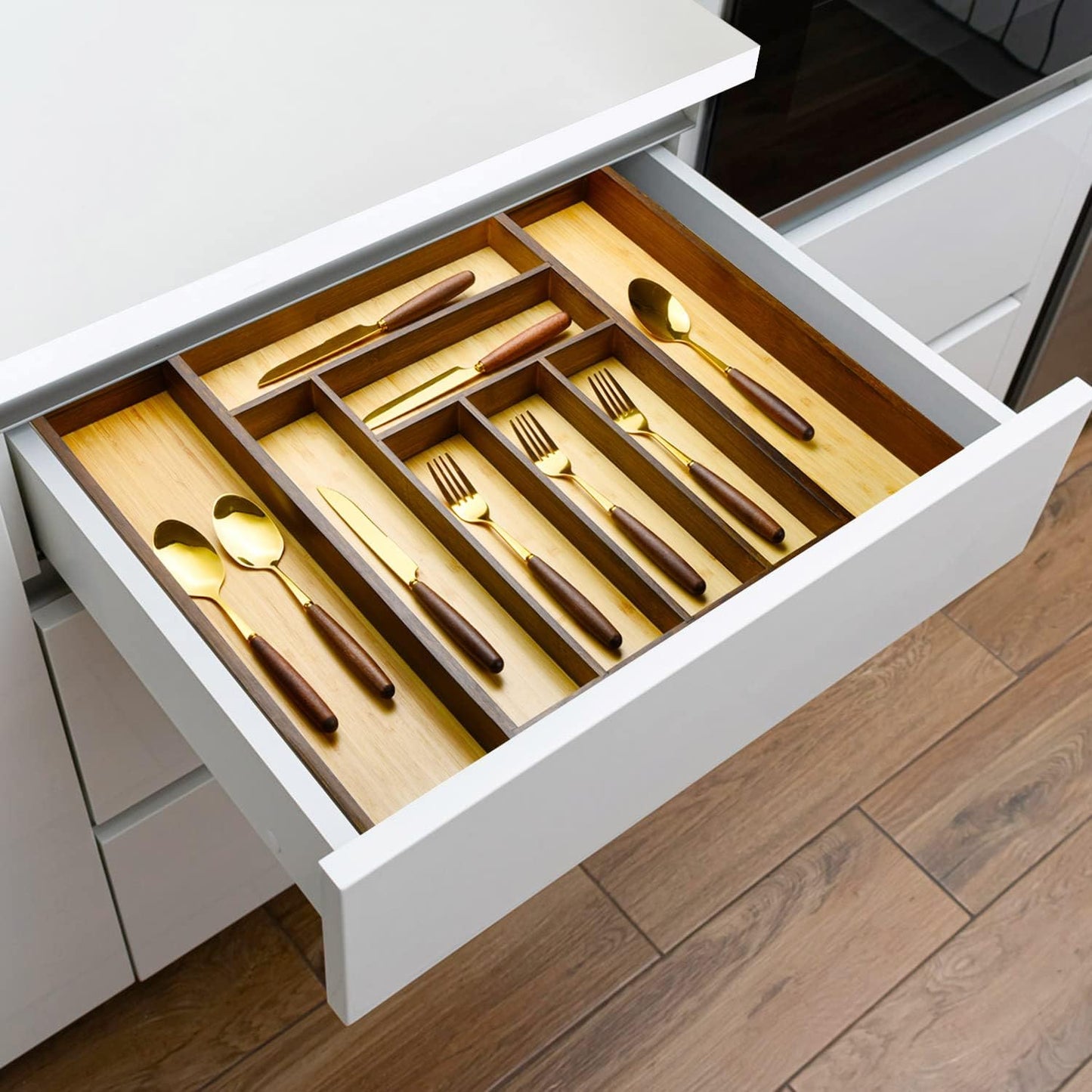Cozee Bay Bamboo drawer organizer, utensil holder, silverware organizer, and adjustable cutlery tray with drawer dividers, for kitchen, office desk, and bathroom storage (White)