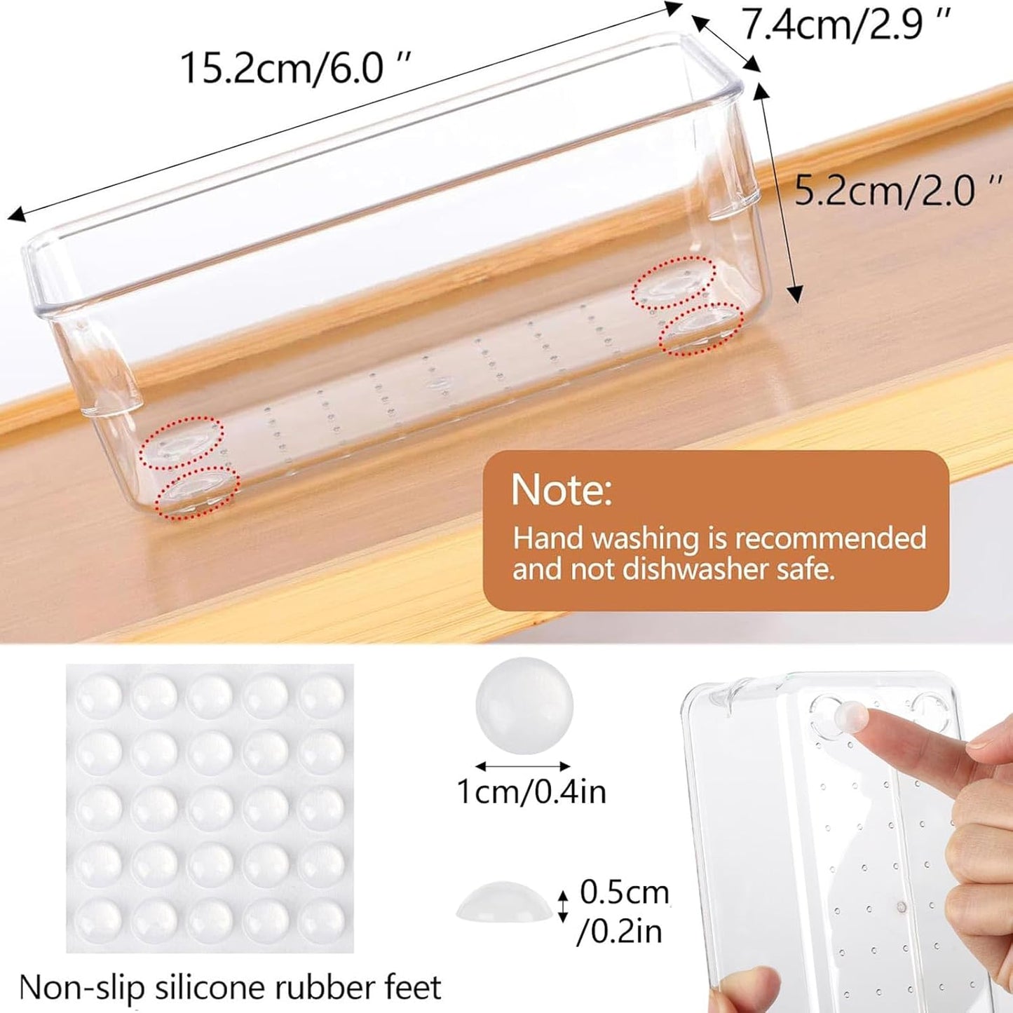 Ohlove 6 Pcs Large Clear Plastic Drawer Organizers Tray 15" x 6.3" Storage Bins with 25 Pcs Non-Slip Pads for Makeup, Jewelries, Kitchen Utensils, Bathroom and Office