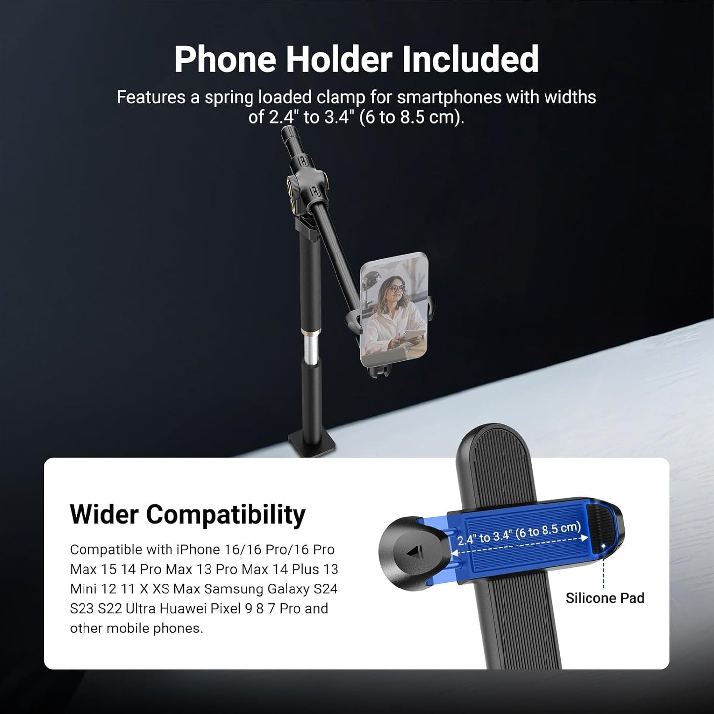 NEEWER Basics Cell Phone Stand for Desk, Adjustable Phone Holder Clamp with Weighted Metal Base, Office Table Phone Mount Compatible with iPhone 16 15 Pro Max Plus Samsung for Video Recording, ST006