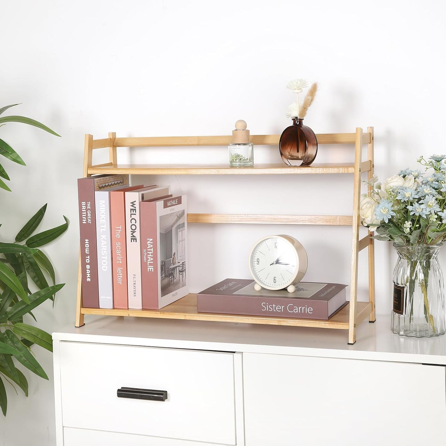 2-Tier Ladder Desktop Bookshelf, 23.62" Wide Wooden Countertop Storage Hutch for Office, Dorm and Home, Small Desk Organizer for Books and Decor