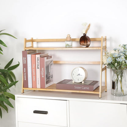 2-Tier Ladder Desktop Bookshelf, 23.62" Wide Wooden Countertop Storage Hutch for Office, Dorm and Home, Small Desk Organizer for Books and Decor