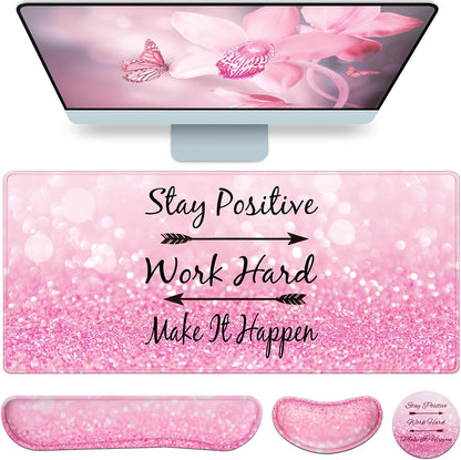 Desk Mat, Large Gaming Mouse Pad with Wrist Rest, 4in1 XXL Mousepad+Keyboard Wrist Rest+Mouse Pad Wrist Support+Cup Coaster Set Ergonomic Floral Computer Desk Arm Wrist for Decor Home Office Women