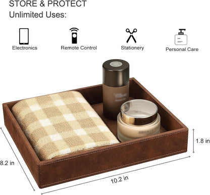 SITHON Valet Tray Desk Organizer, PU Leather Catchall Bedside Vanity Tray Nightstand Caddy Coin Box Key Jewelry Storage Organizer, Valentine's Day Gift, Brown